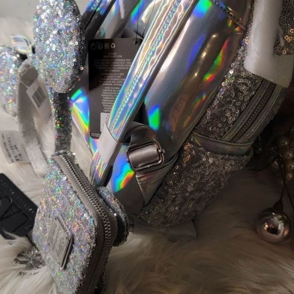 Set of 3!Silver Holographic Sequin Loungefly Backpack&Wallet&Ears